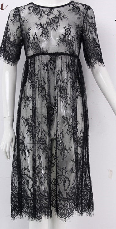 Women Midi Dresses Casual Long Black Short Sleeve O Neck See Through Beach Wear Lace Sexy Dress DR5992 - CelebritystyleFashion.com.au online clothing shop australia