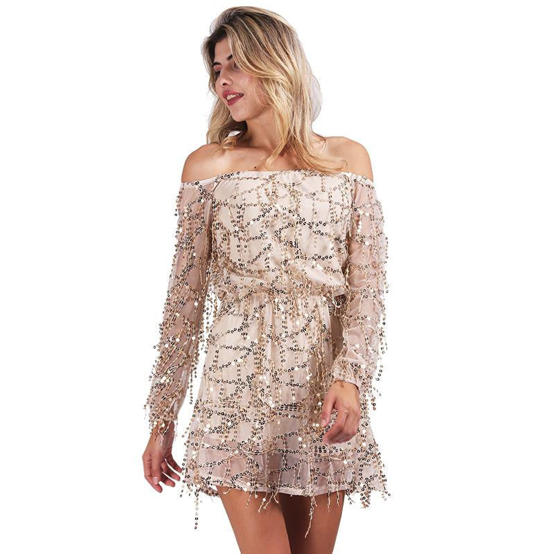 Sexy off shoulder sequin tassel summer dress beach party short dress Women backless vintage dress - CelebritystyleFashion.com.au online clothing shop australia
