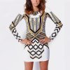 Geometric Sexy Print Backless Long Sleeve Party Dress - 