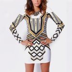 Geometric Sexy Print Backless Long Sleeve Party Dress -