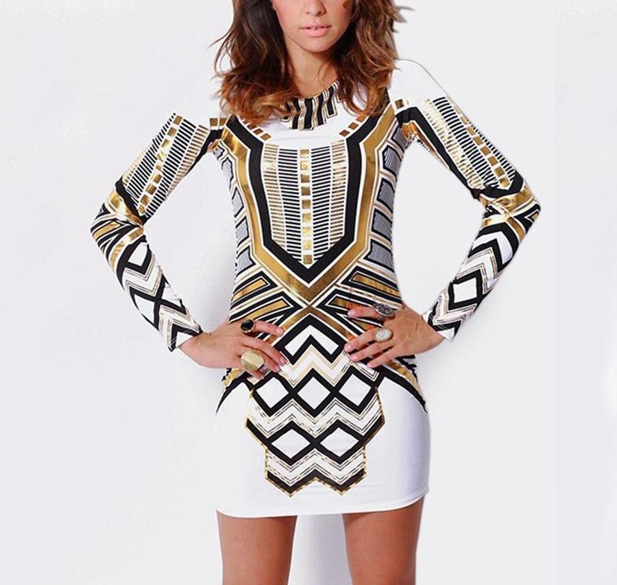 Geometric Sexy Print Backless Long Sleeve Party Dress -