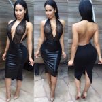 Floral Lace Backless Deep V-neck PU Patchwork Dress -  - 2