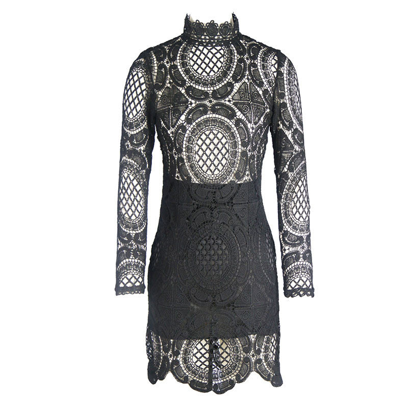 High Collar Boho Lace Party Dress Kim Kardashian Style - - 2