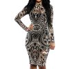 Tribal Tattoo Sheer Print Long Sleeve Party Dress -  - 2