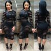 Long Sleeve Striped Black Stretch Lace Dress -  - 2