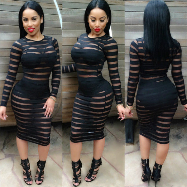 Long Sleeve Striped Black Stretch Lace Dress - - 2