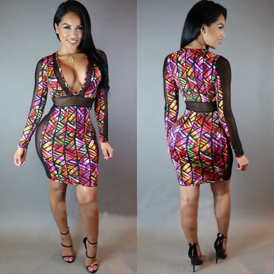 Summer Digital Printed Mesh Patchwork Vintage Baroque Style Deep V-Neck Bandage Party Dress - - 2