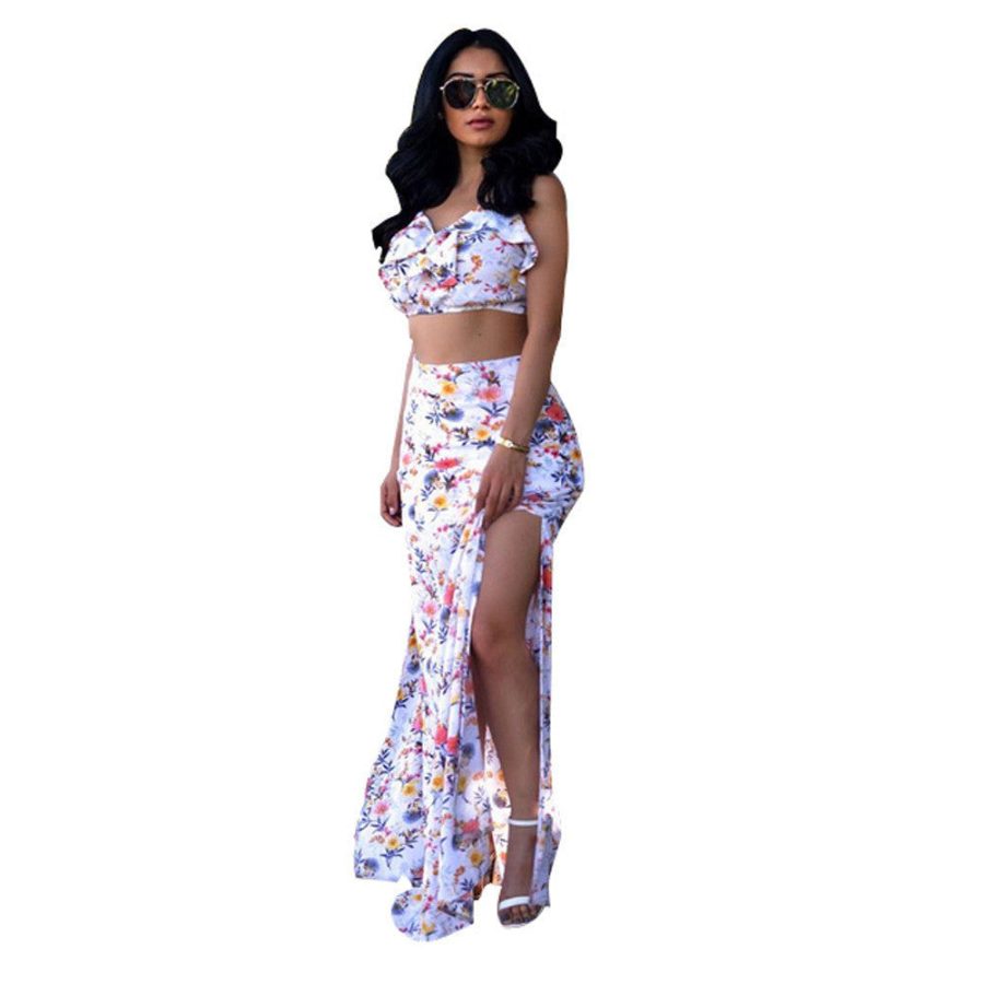 Two Piece White Long Dress Plus Crop Top - CELEBRITYSTYLEFASHION.COM.AU - 2