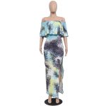 Strapless Maxi Print Dress Ruffles Short Sleeve Split - CELEBRITYSTYLEFASHION.COM.AU - 2