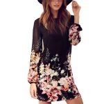 Women Spring Style Newest Shift Dresses Beautiful Black Long Sleeve Floral Print Round Neck Chiffon Short Dress - CelebritystyleFashion.com.au online clothing shop australia