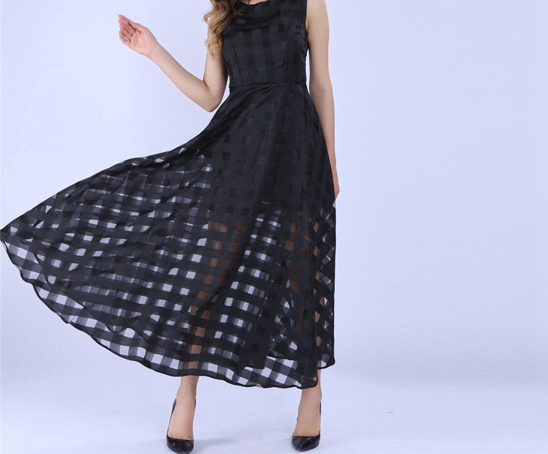 Maxi Summer Plaid Women Dress New Long Organza day Dress Satin Fashion style black women dresses - CelebritystyleFashion.com.au online clothing shop australia