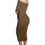 Fashion Long Sleeve Off Shoulder Slash Neck Sexy Club Women Dress Slim Bodycon Knitted Sweater Knee-Length Party Night Dresses - CelebritystyleFashion.com.au online clothing shop australia