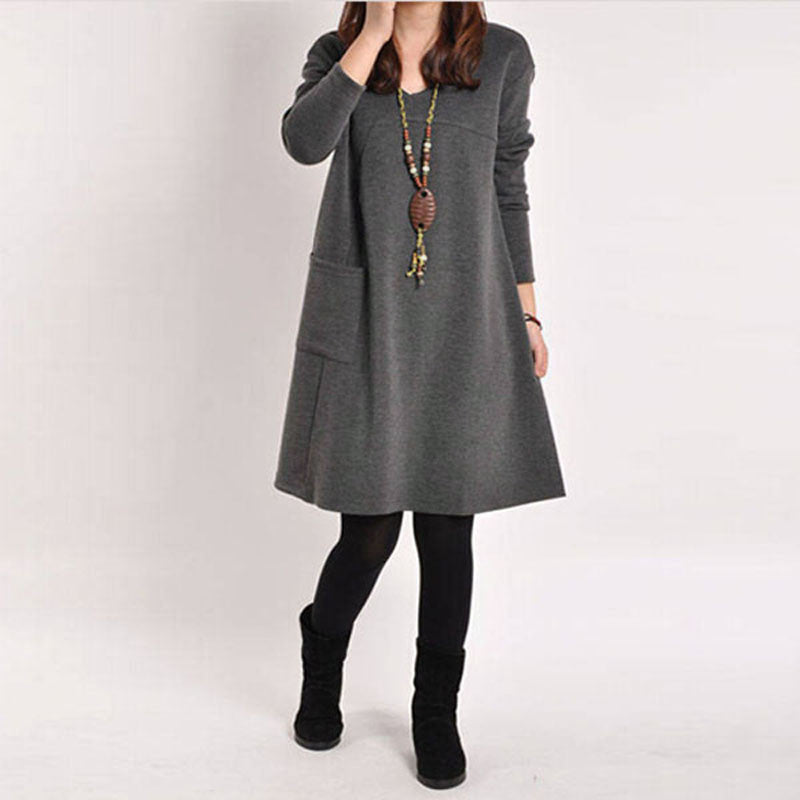 Autumn Winter Long Blusas Women Long Sleeve Pocket Dress Solid O Neck Casual Loose Dresses Vestidos Plus Size S-5XL - CelebritystyleFashion.com.au online clothing shop australia