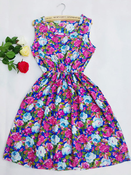Summer Women dress New Brand Casual Print Sleeveless Chiffon stripe floral print Elastic Waist Bohemian Beach Dresses - CelebritystyleFashion.com.au online clothing shop australia