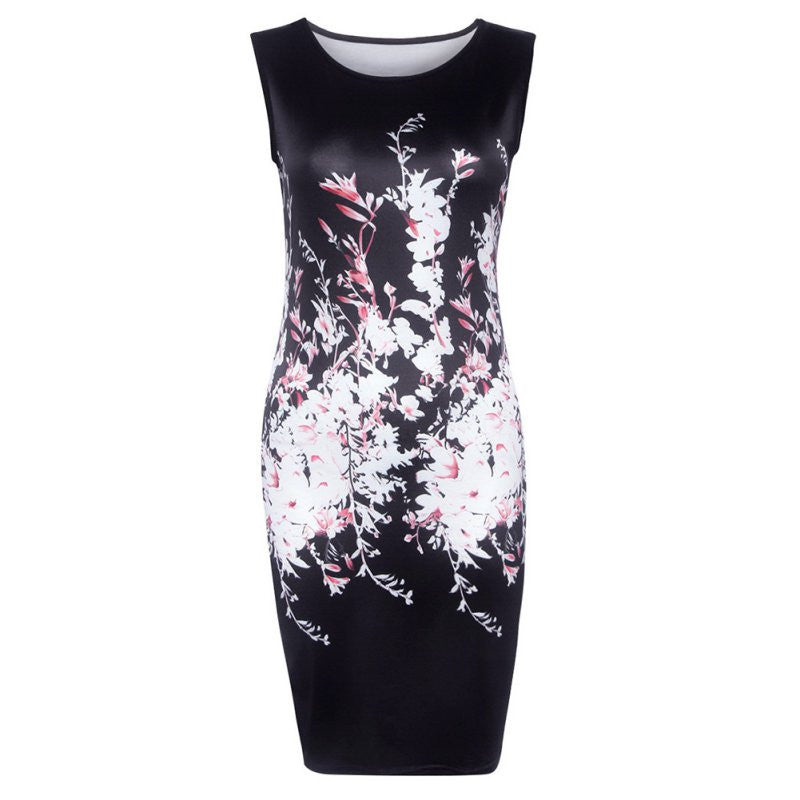 Autumn Women Sexy Dresses Ladies Elegant Black Sleeveless Knee Length Floral Print Sheath Dress - CelebritystyleFashion.com.au online clothing shop australia