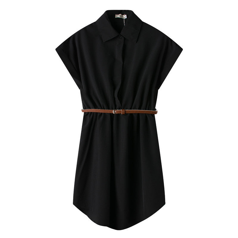Lady Summer Plus Size Ladies Chiffon Lapel Collar Dress for Women Shirts Short Sleeve Blouse Female Dresses With Belt - CelebritystyleFashion.com.au online clothing shop australia