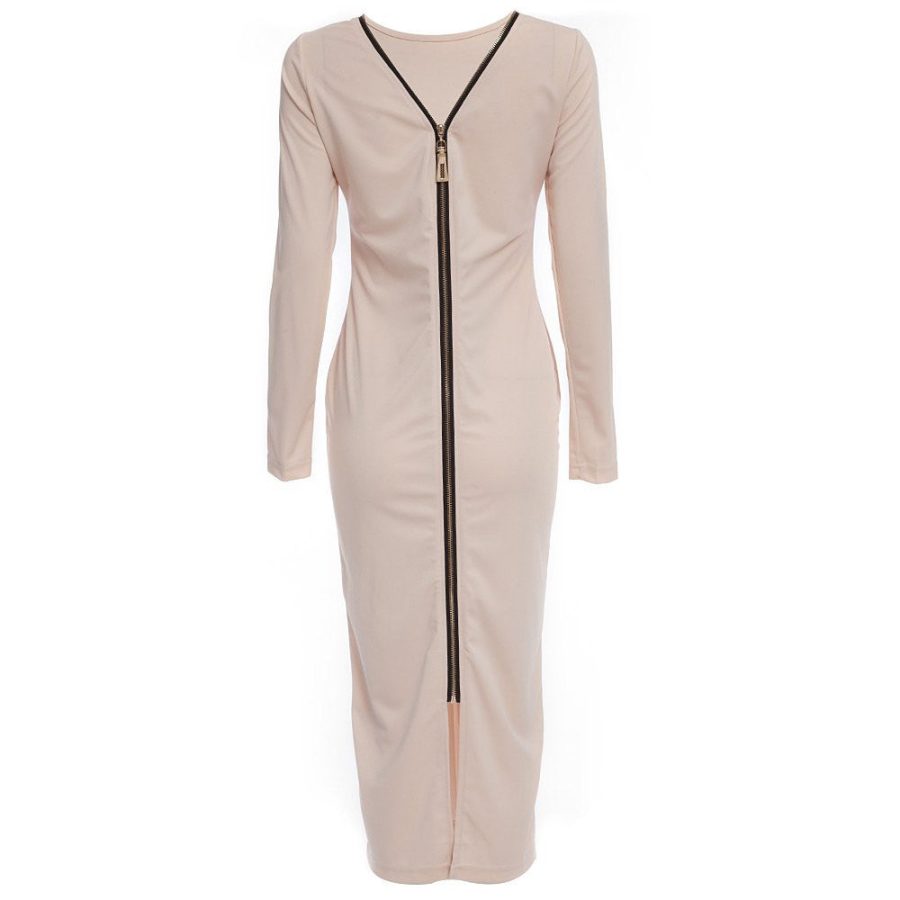 Autumn Maxi Simple Round Collar Knee-Length Sexy Elegant Dress Long Sleeve Full Zipper Tight Design Fitted Dresses Women Vestido - CelebritystyleFashion.com.au online clothing shop australia