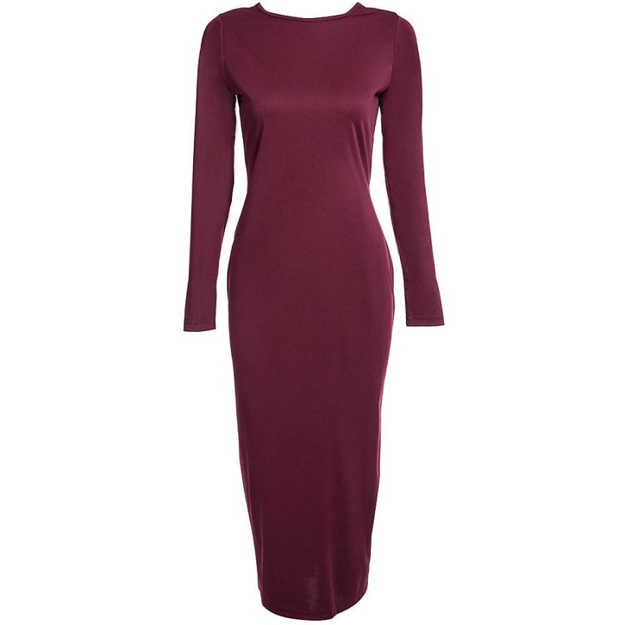 Autumn Maxi Simple Round Collar Knee-Length Sexy Elegant Dress Long Sleeve Full Zipper Tight Design Fitted Dresses Women Vestido - CelebritystyleFashion.com.au online clothing shop australia