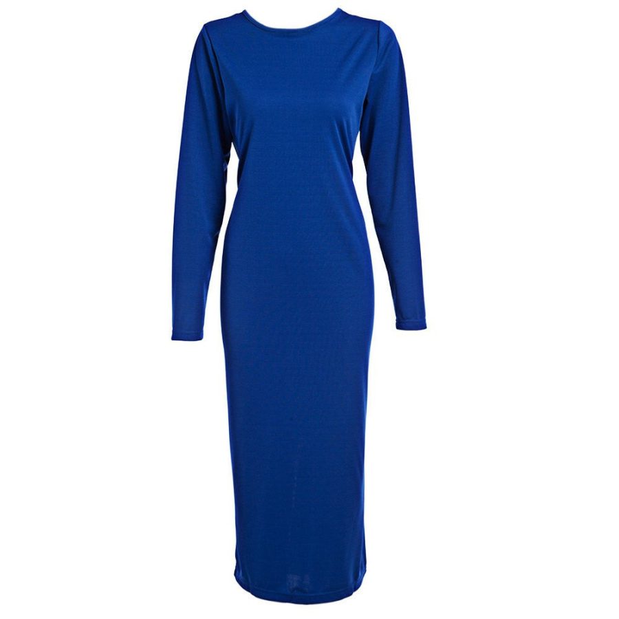 Autumn Maxi Simple Round Collar Knee-Length Sexy Elegant Dress Long Sleeve Full Zipper Tight Design Fitted Dresses Women Vestido - CelebritystyleFashion.com.au online clothing shop australia