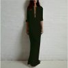 Fashion Autumn Women Sexy Casual Dress Long Sleeve Deep V Neck Linen Split Solid Long Maxi Dress Plus Size - CelebritystyleFashion.com.au online clothing shop australia