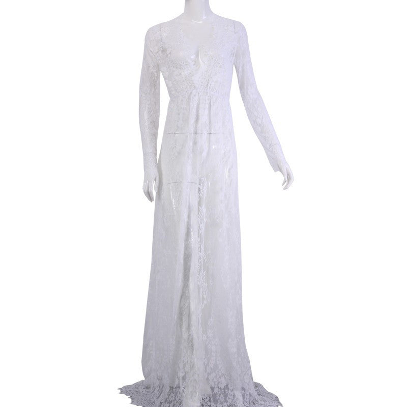 Maxi Plus Size Women Floor-Length Black White Autumn Lace Dress Adjust Waist Sexy See Through Floral Vestido DR5046 - CelebritystyleFashion.com.au online clothing shop australia